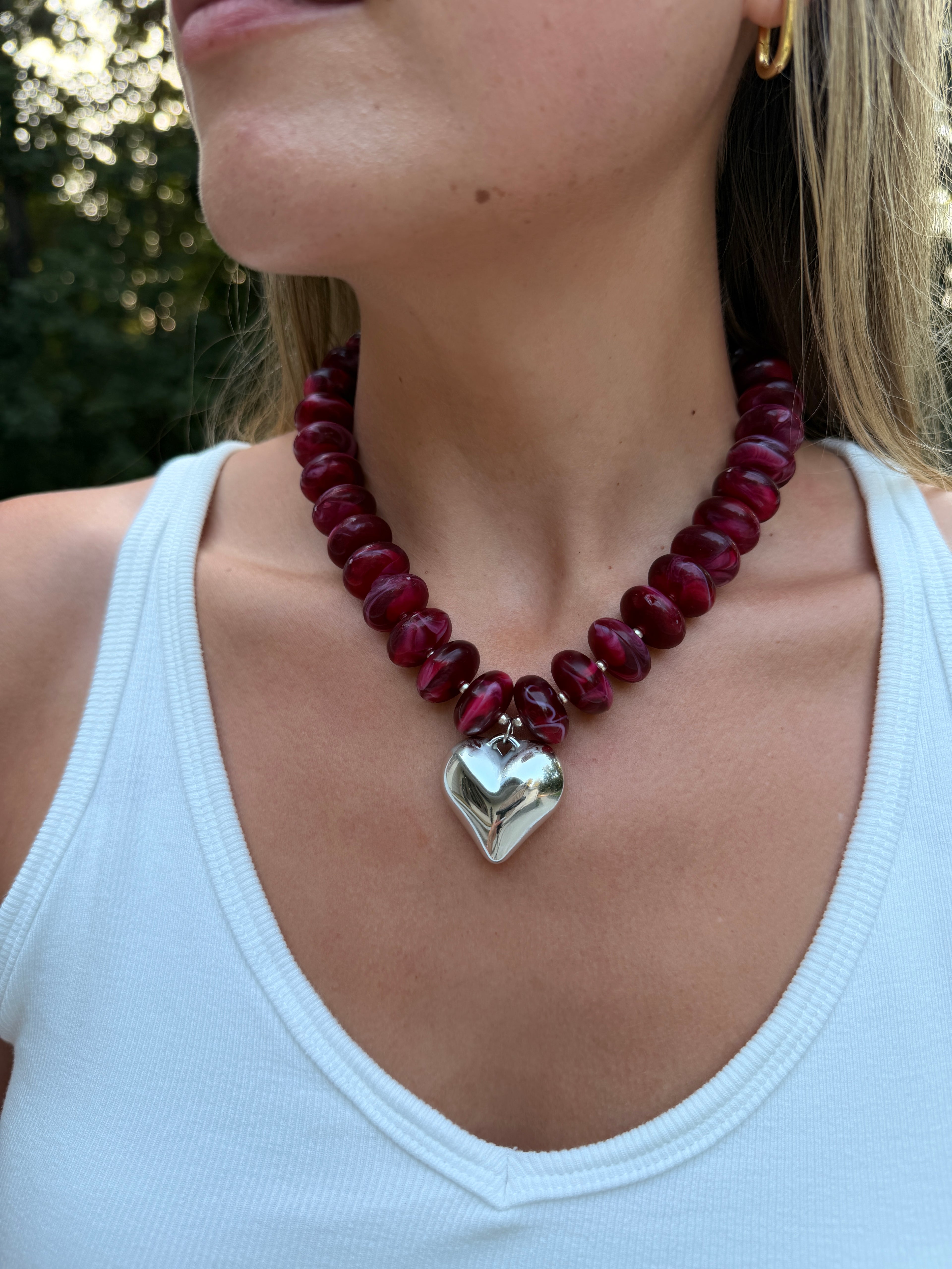 Chunky Bead Red Chrome Heart