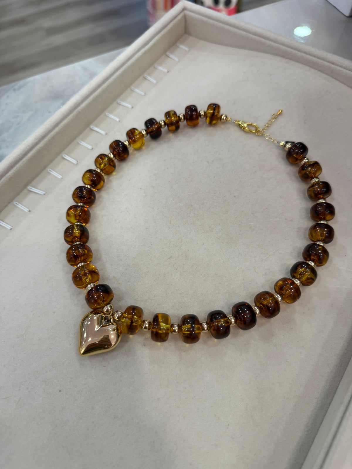 Tortoise Chunky Bead Necklace Gold Heart