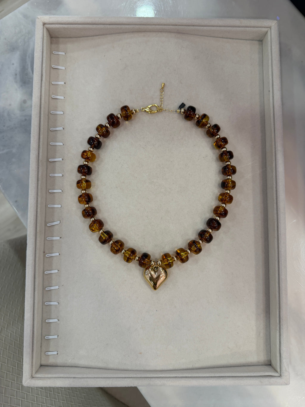 Tortoise Chunky Bead Necklace Gold Heart