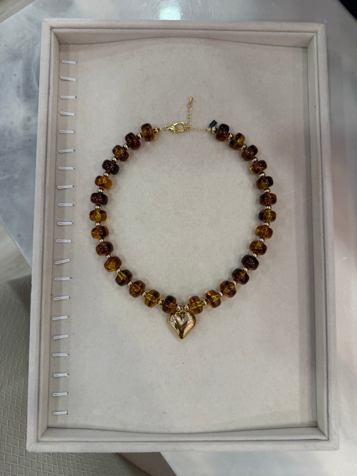 Tortoise Chunky Bead Necklace Gold Heart